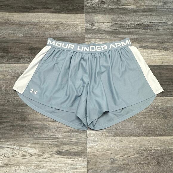 NWT Under Armour Play Up Side Stripe Slate Blue White Women 2X Plus Loose Shorts - Picture 1 of 11